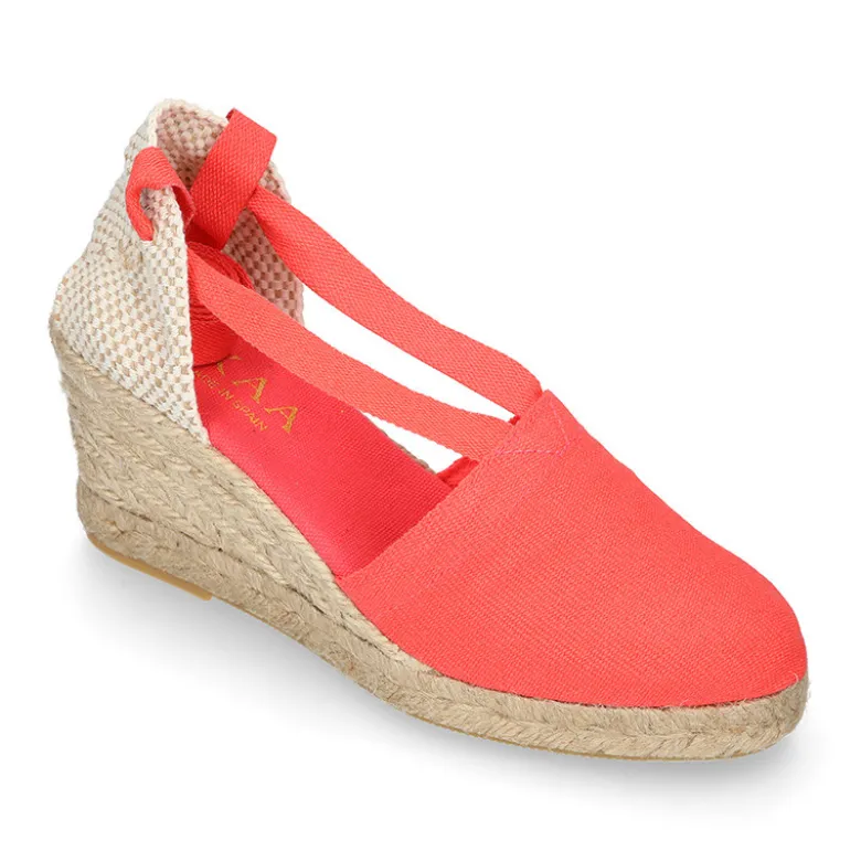 Alpargata clásica mujer con cuña tipo Valenciana en lona piqué CORAL.