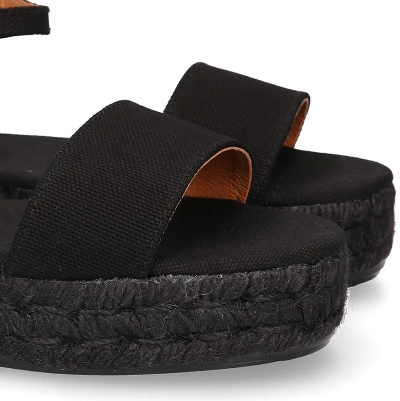Alpargata mujer tipo sandalia con plataforma en lona NEGRA.