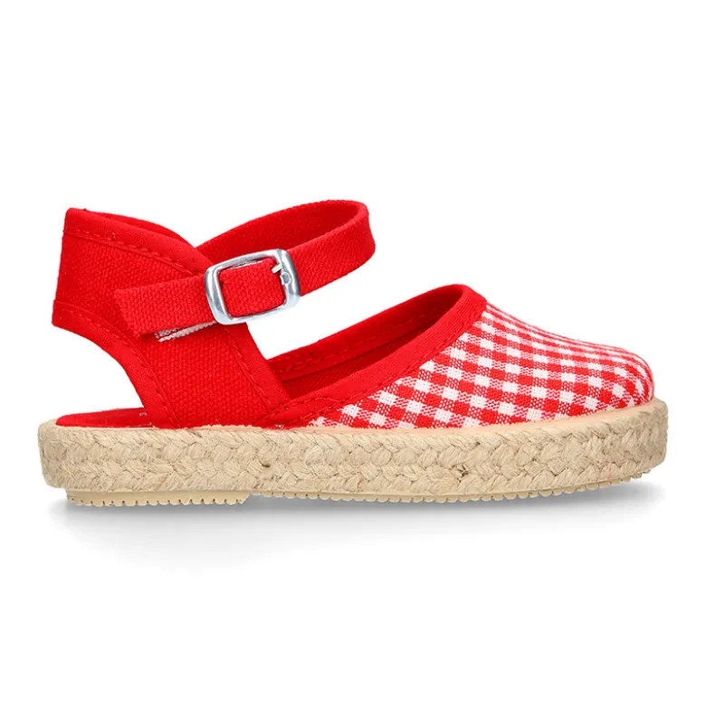 Alpargata niña con hebilla en lona algodón VICHY ROJO.