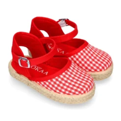 Alpargata niña con hebilla en lona algodón VICHY ROJO.