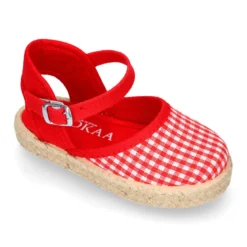 Alpargata niña con hebilla en lona algodón VICHY ROJO.