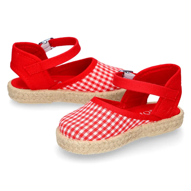 Alpargata niña con hebilla en lona algodón VICHY ROJO.