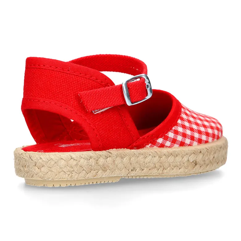 Alpargata niña con hebilla en lona algodón VICHY ROJO.