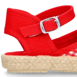 Alpargata niña con hebilla en lona algodón VICHY ROJO.