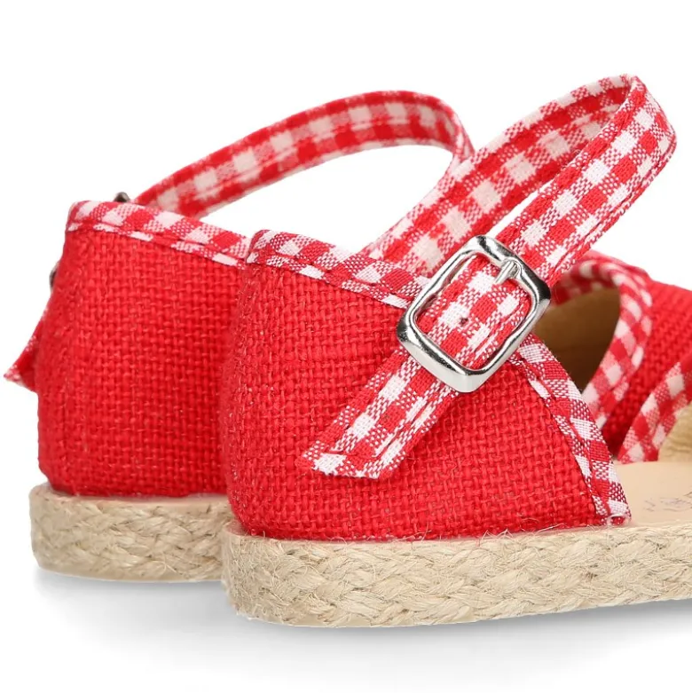 Alpargata niña en lino rojo con lazo VICHY.