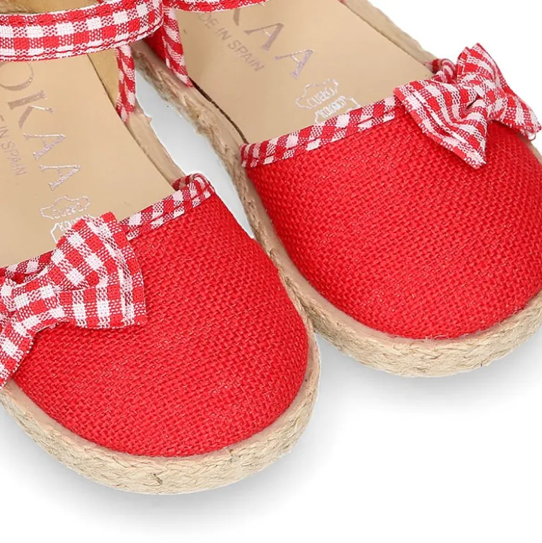 Alpargata niña en lino rojo con lazo VICHY.