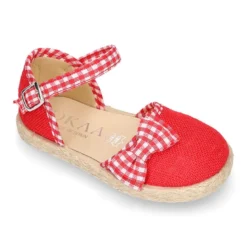 Alpargata niña en lino rojo con lazo VICHY.