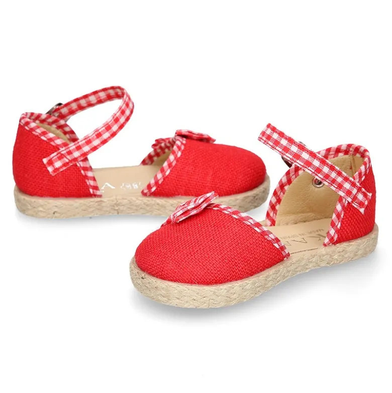 Alpargata niña en lino rojo con lazo VICHY.