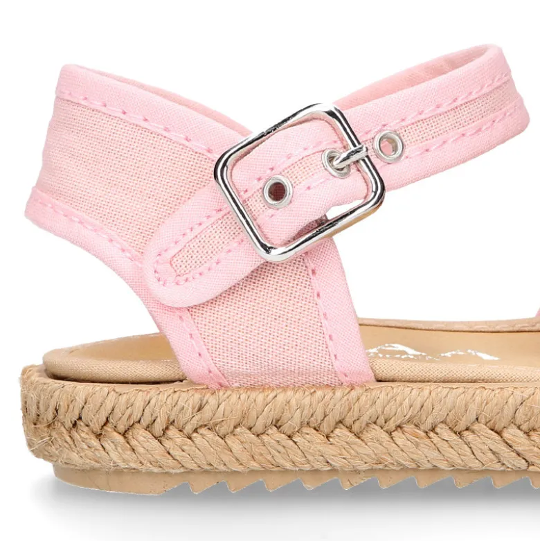 Alpargata niña tipo SANDALIA con lazo con FLORES en lona algodón.