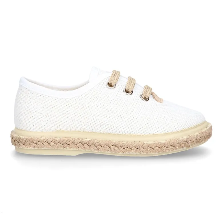 Alpargata niño tipo Blucher con cordones en LINO BLANCO.