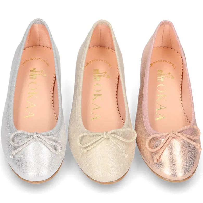 Bailarina clásica con lazo ajustable en piel ante suave METALIZADO.