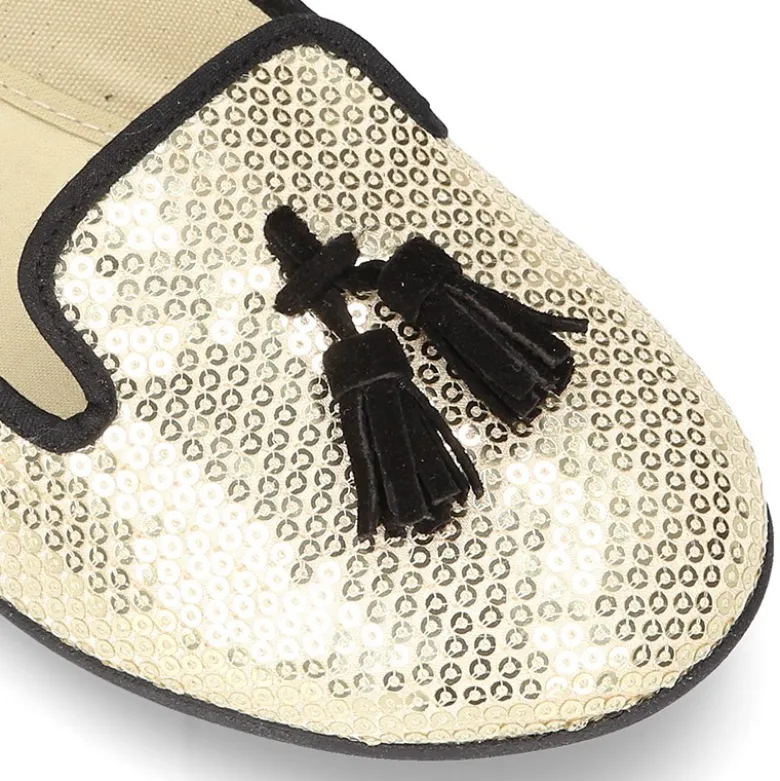 Bailarina mujer tipo SLIPPER con borlas en lona con lentejuelas.