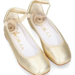 Bailarina niña tipo Ballet punta cuadrada con cintas cruzadas en piel METALIZADA.
