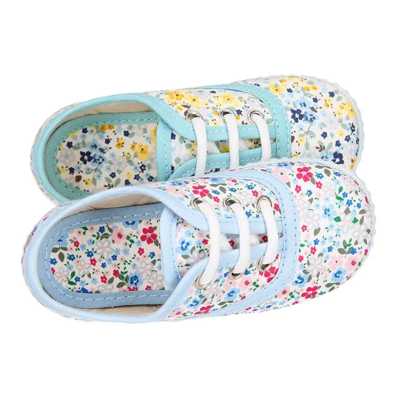 Bamba niños cordones en lona algodón con FLORES.