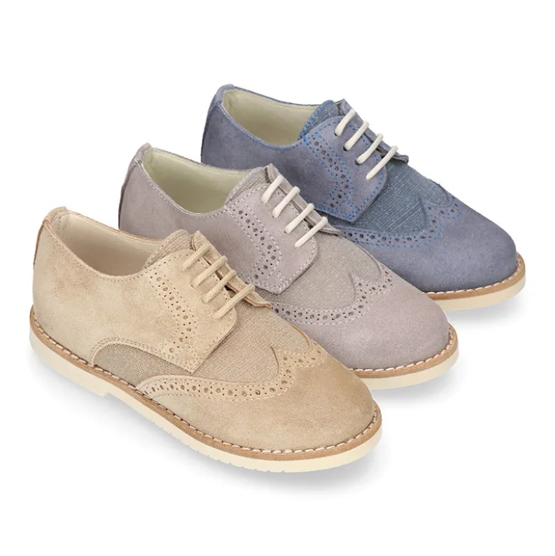 Blucher niño ceremonia con cordones en piel serraje con lino.