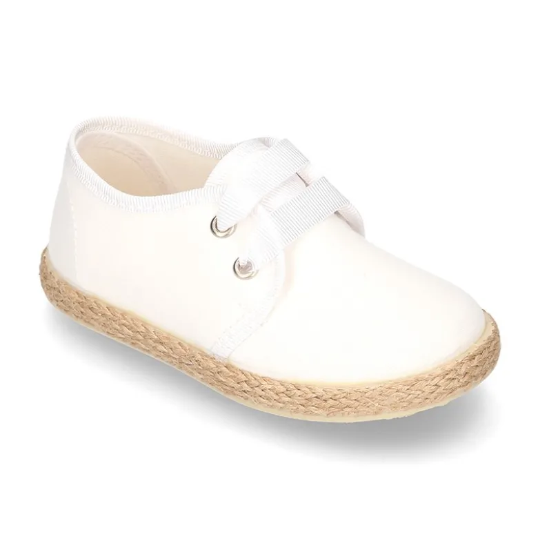 Blucher niño tipo Alpargata lona seda CEREMONIA cordones lazo.