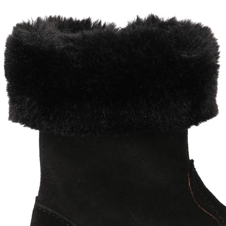Bota niña con cuello de PELO en piel serraje NEGRO.