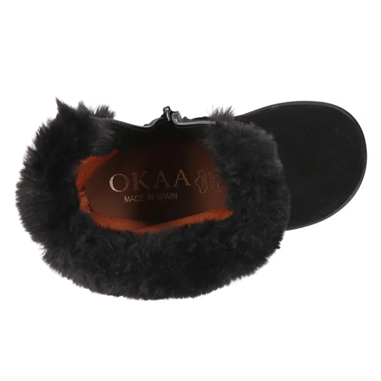 Bota niña con cuello de PELO en piel serraje NEGRO.