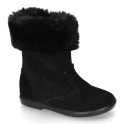 Bota niña con cuello de PELO en piel serraje NEGRO.