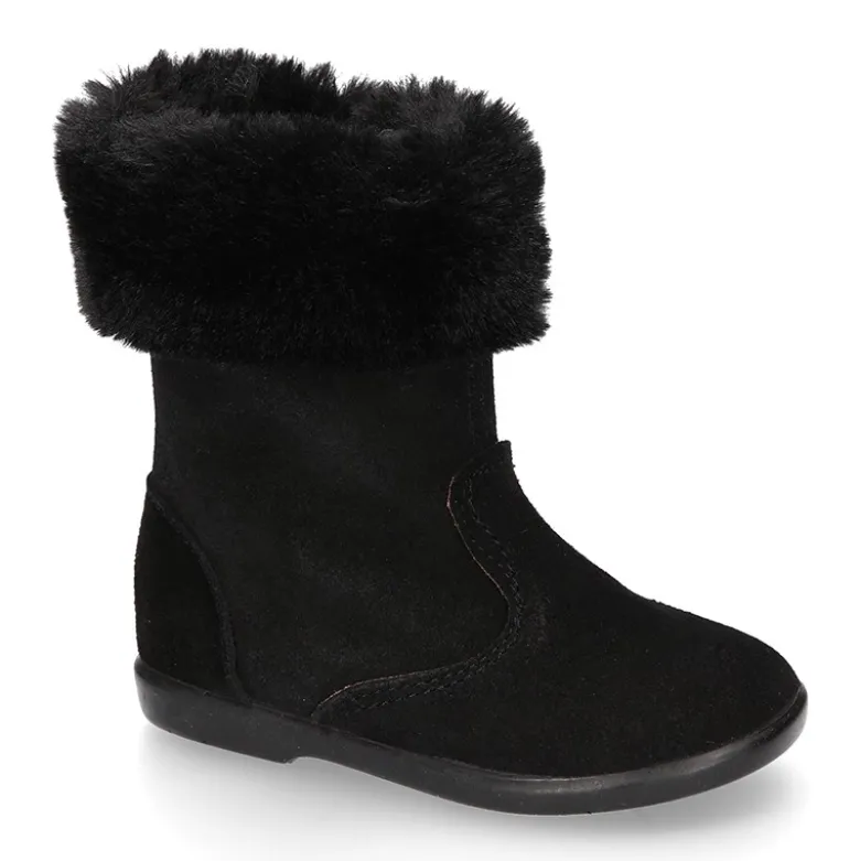 Bota niña con cuello de PELO en piel serraje NEGRO.