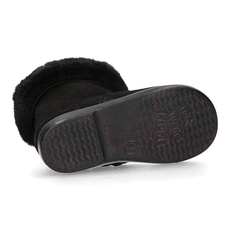 Bota niña con cuello de PELO en piel serraje NEGRO.