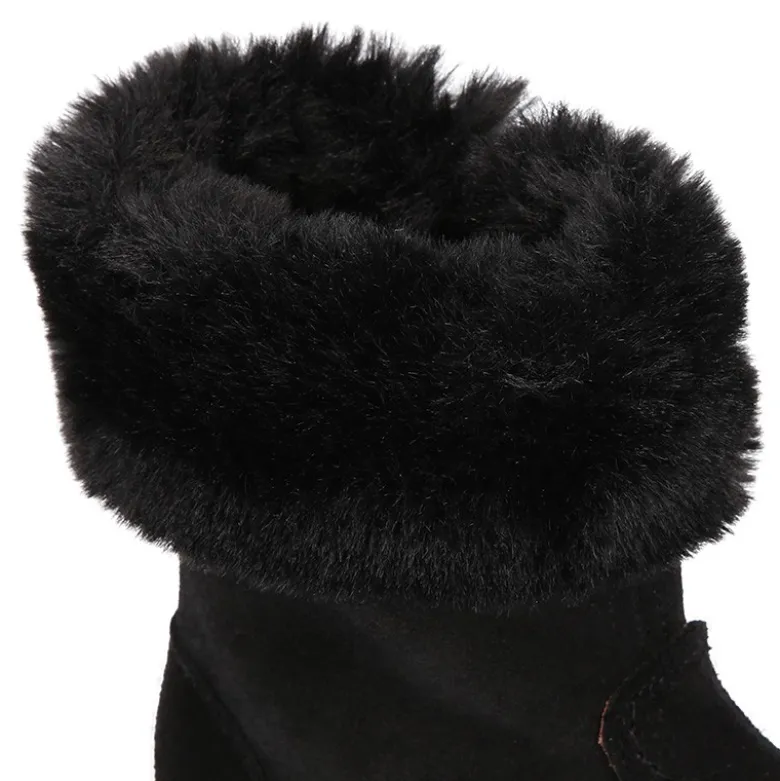 Bota niña con cuello de PELO en piel serraje NEGRO.