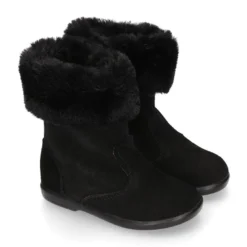 Bota niña con cuello de PELO en piel serraje NEGRO.
