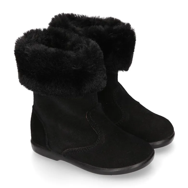 Bota niña con cuello de PELO en piel serraje NEGRO.