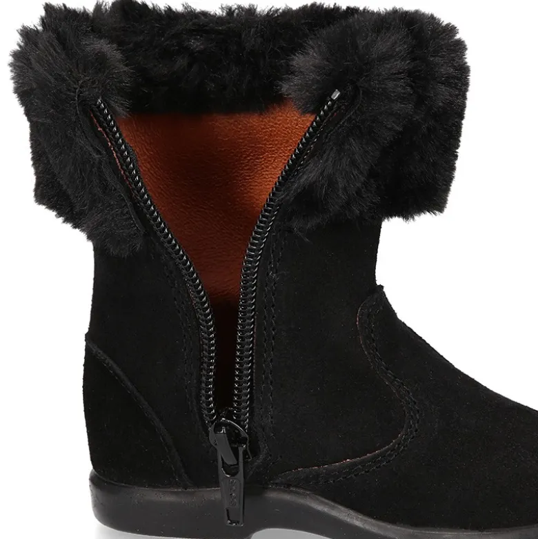 Bota niña con cuello de PELO en piel serraje NEGRO.