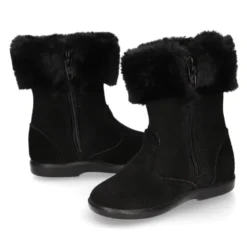 Bota niña con cuello de PELO en piel serraje NEGRO.