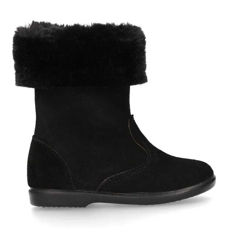 Bota niña con cuello de PELO en piel serraje NEGRO.