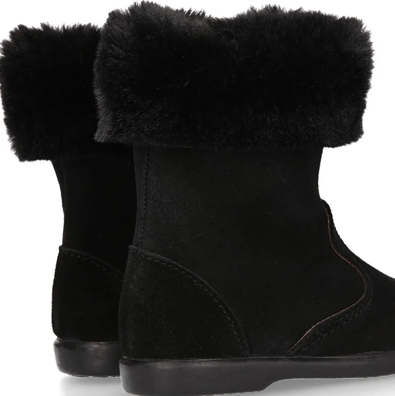 Bota niña con cuello de PELO en piel serraje NEGRO.