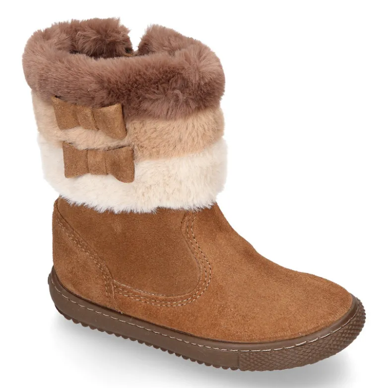 Bota niña CUELLO de PELO con lazos en piel serraje.