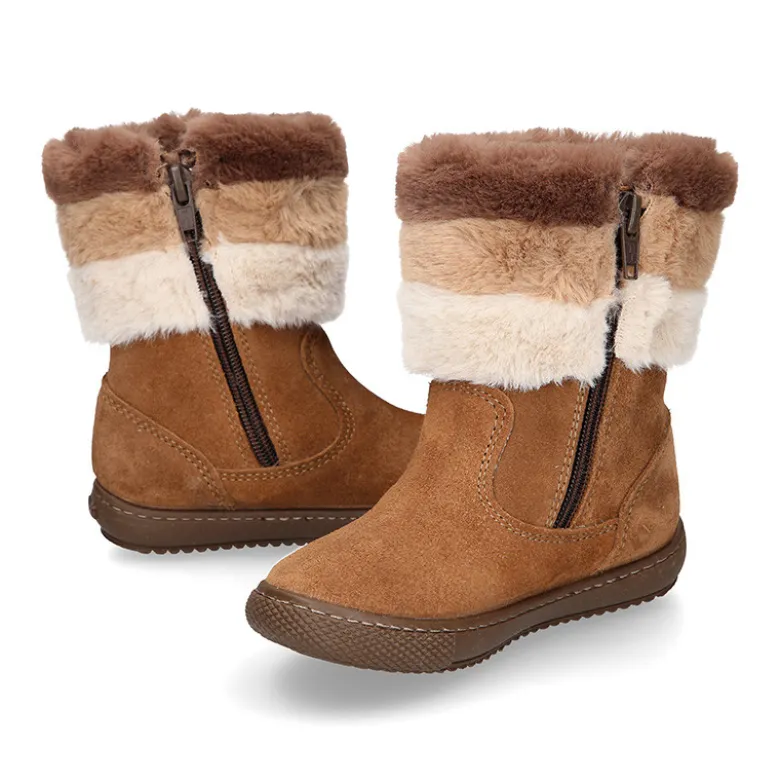 Bota niña CUELLO de PELO con lazos en piel serraje.