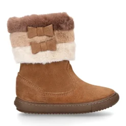 Bota niña CUELLO de PELO con lazos en piel serraje.
