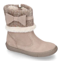 Bota niña CUELLO de punto y pelo con lazo en piel serraje.