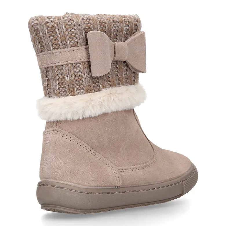 Bota niña CUELLO de punto y pelo con lazo en piel serraje.