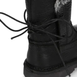Bota niños con cremallera, cordones y forro de pelo en piel NAPA SUAVE NEGRA.