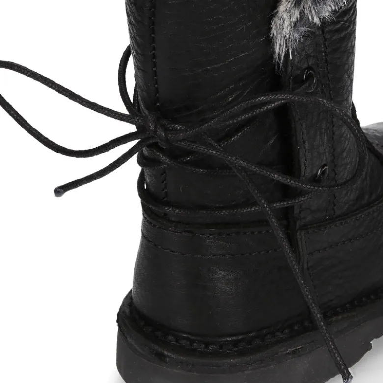 Bota niños con cremallera, cordones y forro de pelo en piel NAPA SUAVE NEGRA.