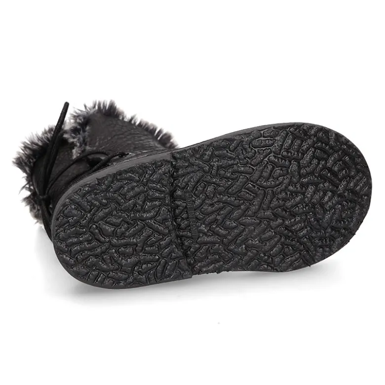 Bota niños con cremallera, cordones y forro de pelo en piel NAPA SUAVE NEGRA.