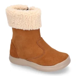 Bota niños con cuello de borreguito en piel serraje cuero.