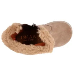 Bota niños con cuello de pelo en piel serraje topo.