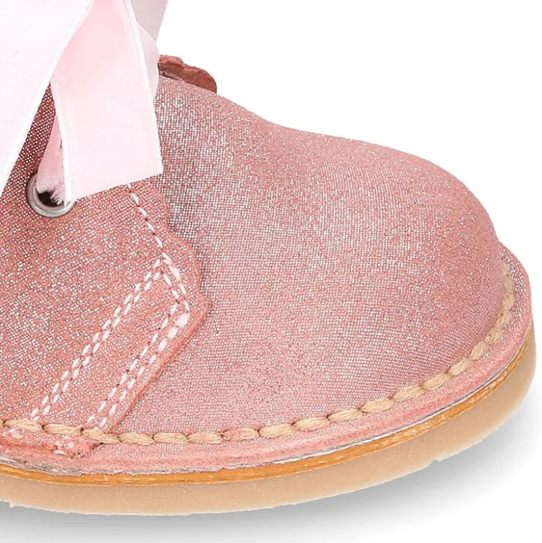 Bota Safari niña con cordones de TERCIOPELO y ondas en piel con brillos.