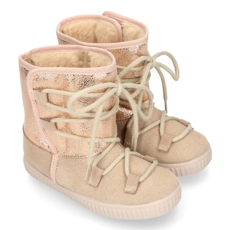 Botas niños mayores tipo ESQUIMAL con cierre adherente y cordones en piel Serraje Combinado.