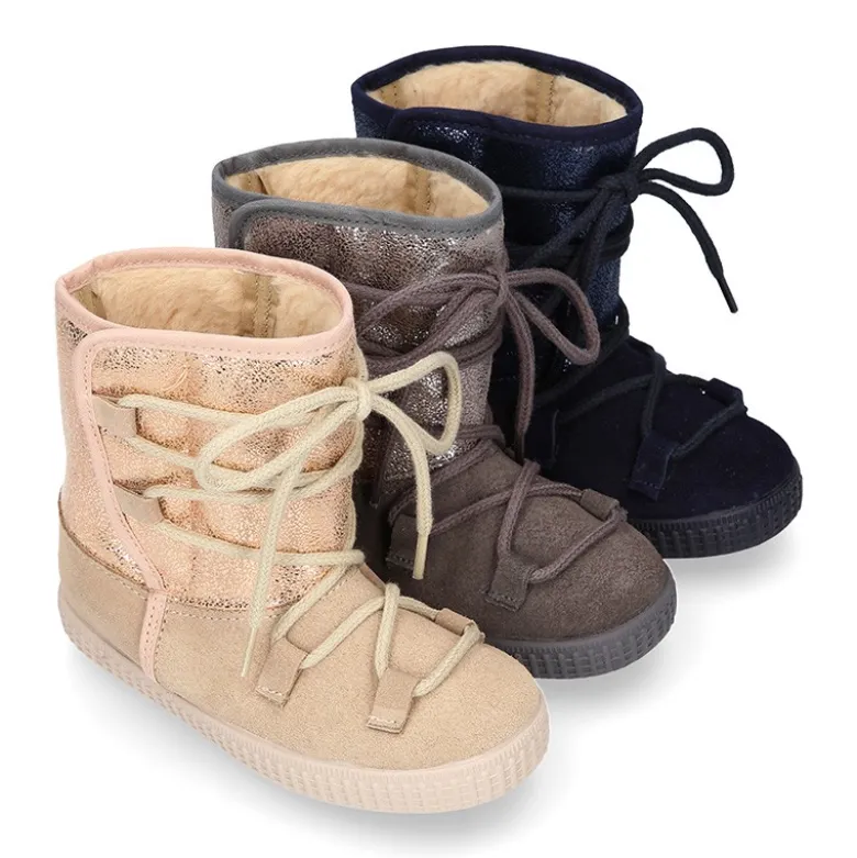 Botas niños mayores tipo ESQUIMAL con cierre adherente y cordones en piel Serraje Combinado.