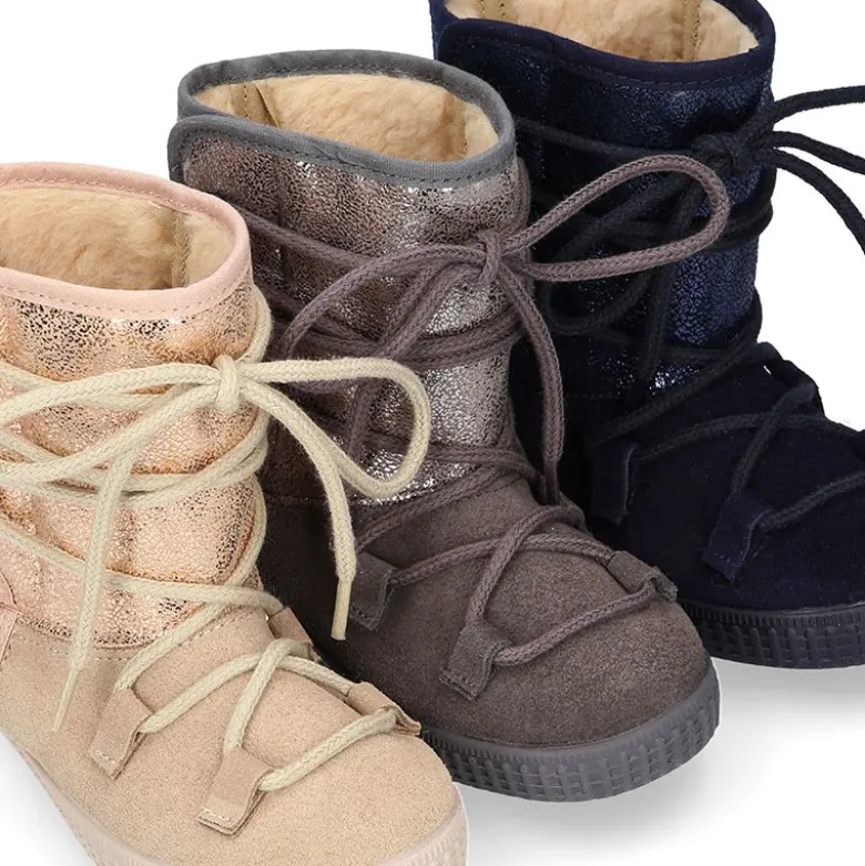 Botas niños mayores tipo ESQUIMAL con cierre adherente y cordones en piel Serraje Combinado.