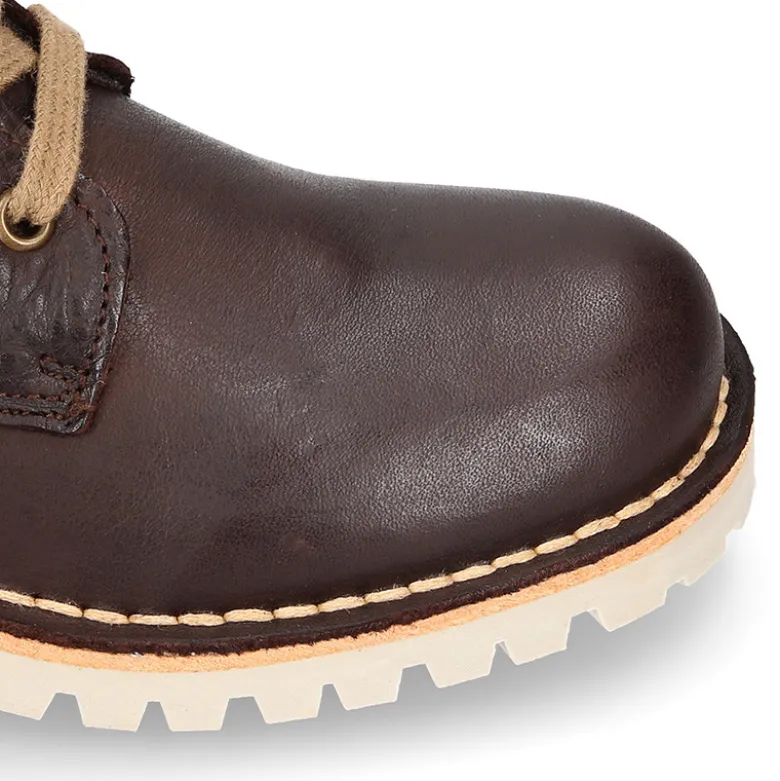 Bota tipo MOTERA niños con cremallera y cordones en piel marrón.