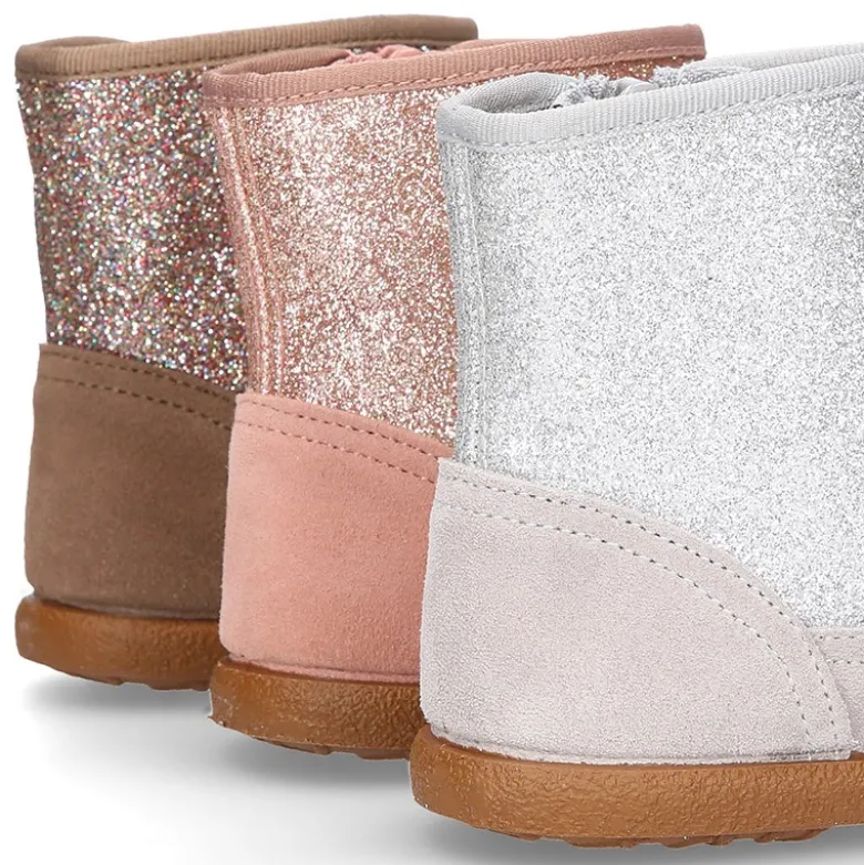 Botita con cremallera y GLITTER en piel Serraje.