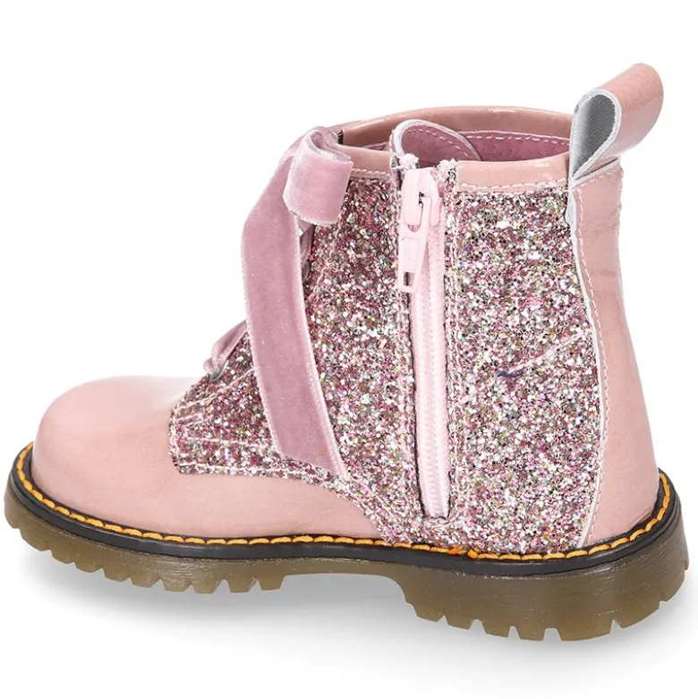 Botita ROCKERA niña lazos terciopelo en piel charol con GLITTER.