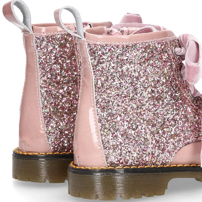 Botita ROCKERA niña lazos terciopelo en piel charol con GLITTER.
